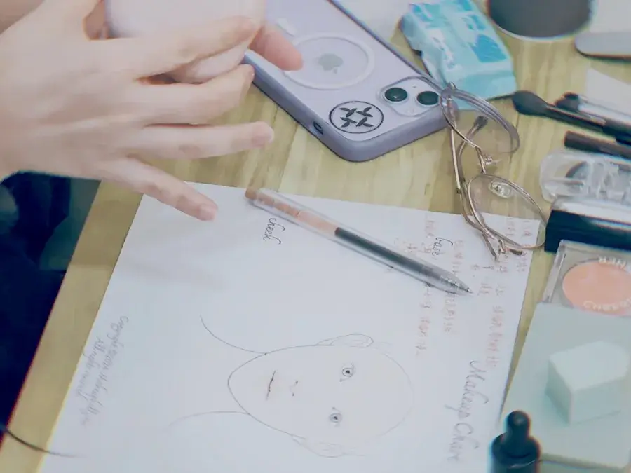一對一彩妝課桌面：臉部圖表筆記、粉底海綿與化妝用品